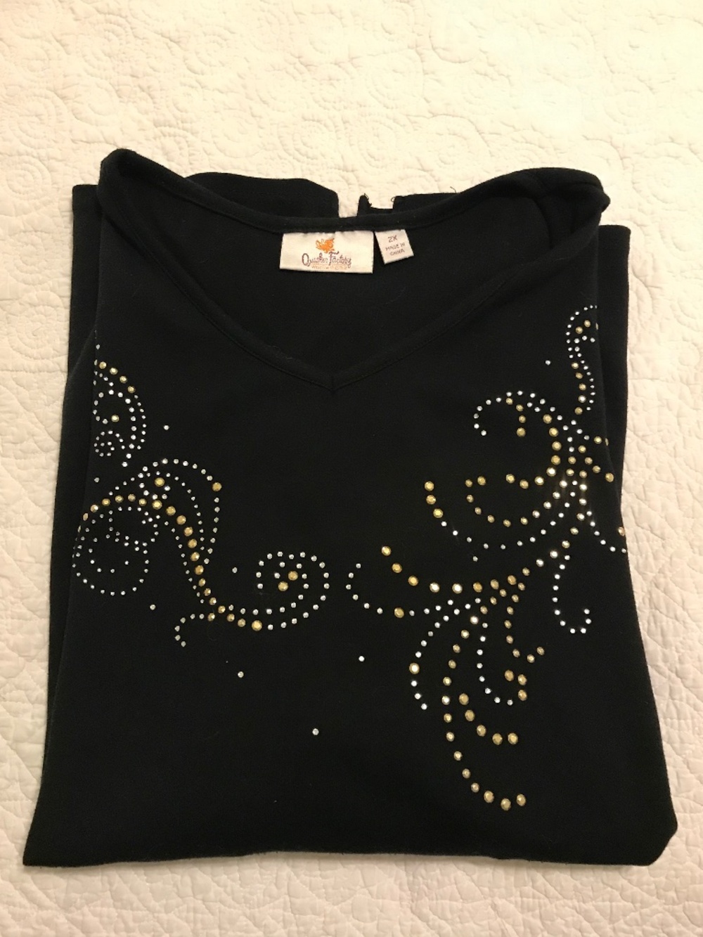 QF black 3/4 sleeve v-neck shirt embellished with rhinestones (2X)
